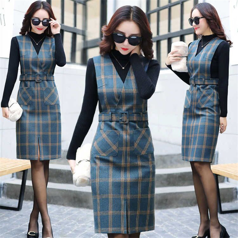 Frauen Frühling Herbst Weste Kleid V-ausschnitt Gurt Kleid Jahrgang Ärmel Tasche Plaid Kleid Weibliche Dünne Gürtel Kleider Vestidos Y547