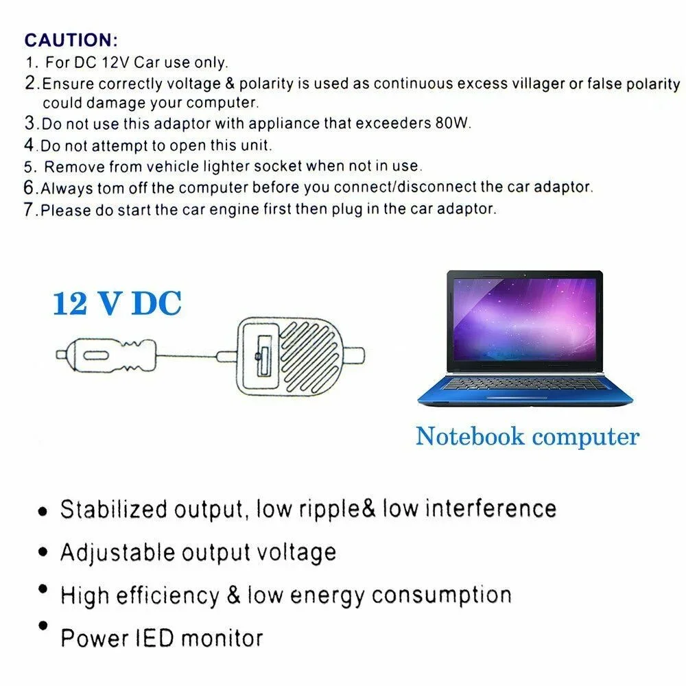 80W Portable Charger 15-24V Auto Car Adapter Adjustable Power Supply Adapter with 8 Detachable Plugs Car Laptop Notebook