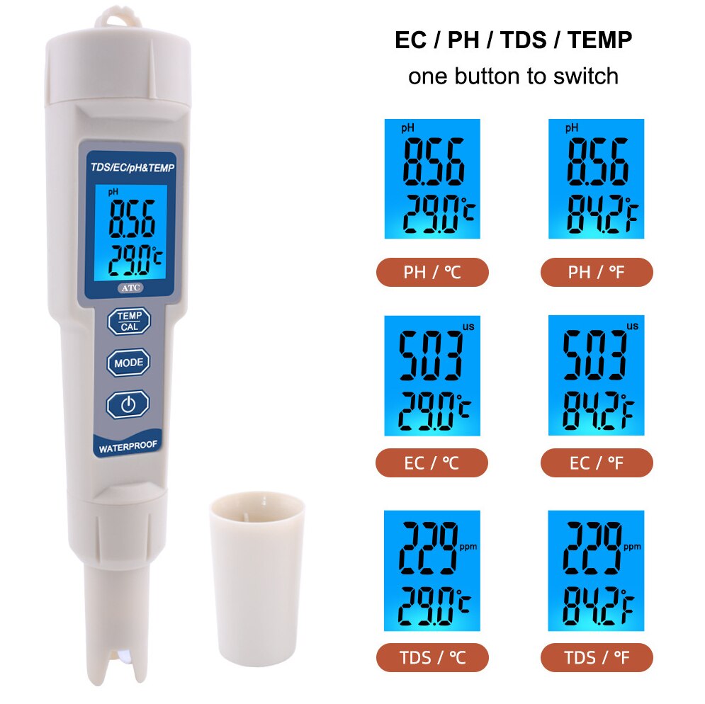 4 in 1 PH/TDS/EC/Temp Meter Waterproof PH Meter ATC Digital Water Monitor Tester for Pools Drinking Water Aquariums