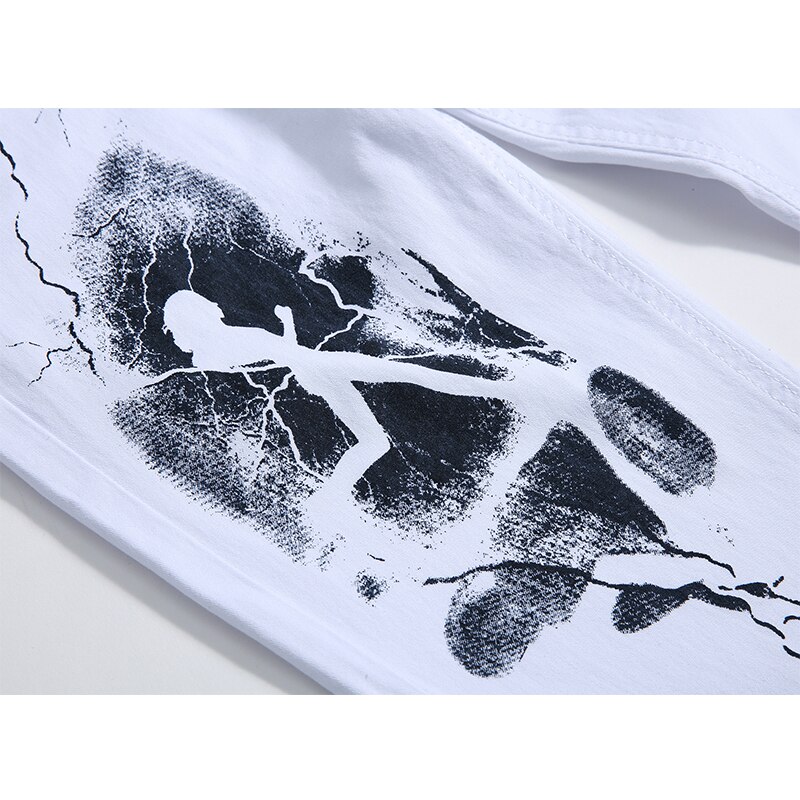 Pattern Printing Biker Jeans Men's Denim Trouser Elasticity Male Slim Pants Plus Size 42