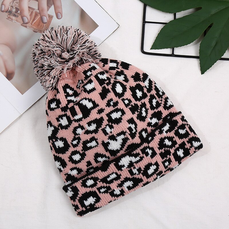 Bonnet imprimé léopard pour femmes | Bonnet tricoté, automne, chapeau avec pompon Pom, , automne , Ski, nouvelle casquette de Ski,: Rose