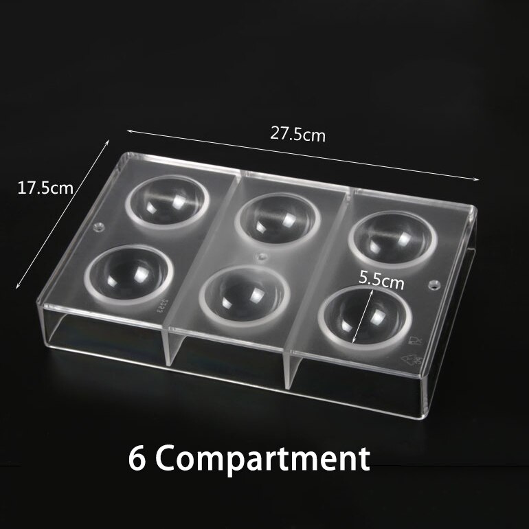 Moldes de policarbonato duro para Chocolate, 6/8/12/14/15 cavidades, 3D, Media esfera, 1 unidad: 6 Compartment
