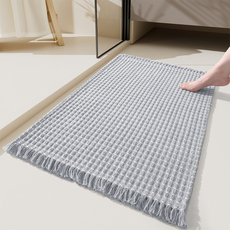 Boho Bathroom Rug with Tassel, Small Cotton Woven Entryway Rug, Reversible Low Profile Door Mat, Modern Farmhouse Carpet