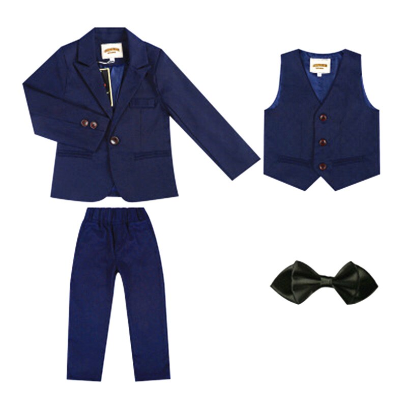 Mærke drenge formelle jakkesæt bryllupsfest smoking blazer vest bukser 3 stk sæt gentleman børn blazer børn performance tøj  f005: Marineblå 3 stk / 10t