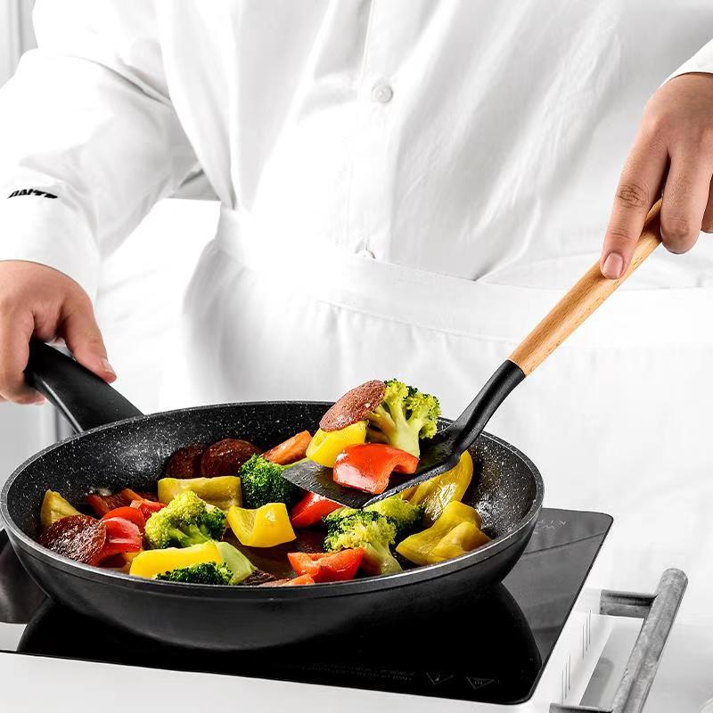 Juego de utensilios de silicona para la cocina, espátulas y palas antiadherentes con mango de madera, instrumentos para cocinar con recipiente de almacenamiento, accesorios para cocinas