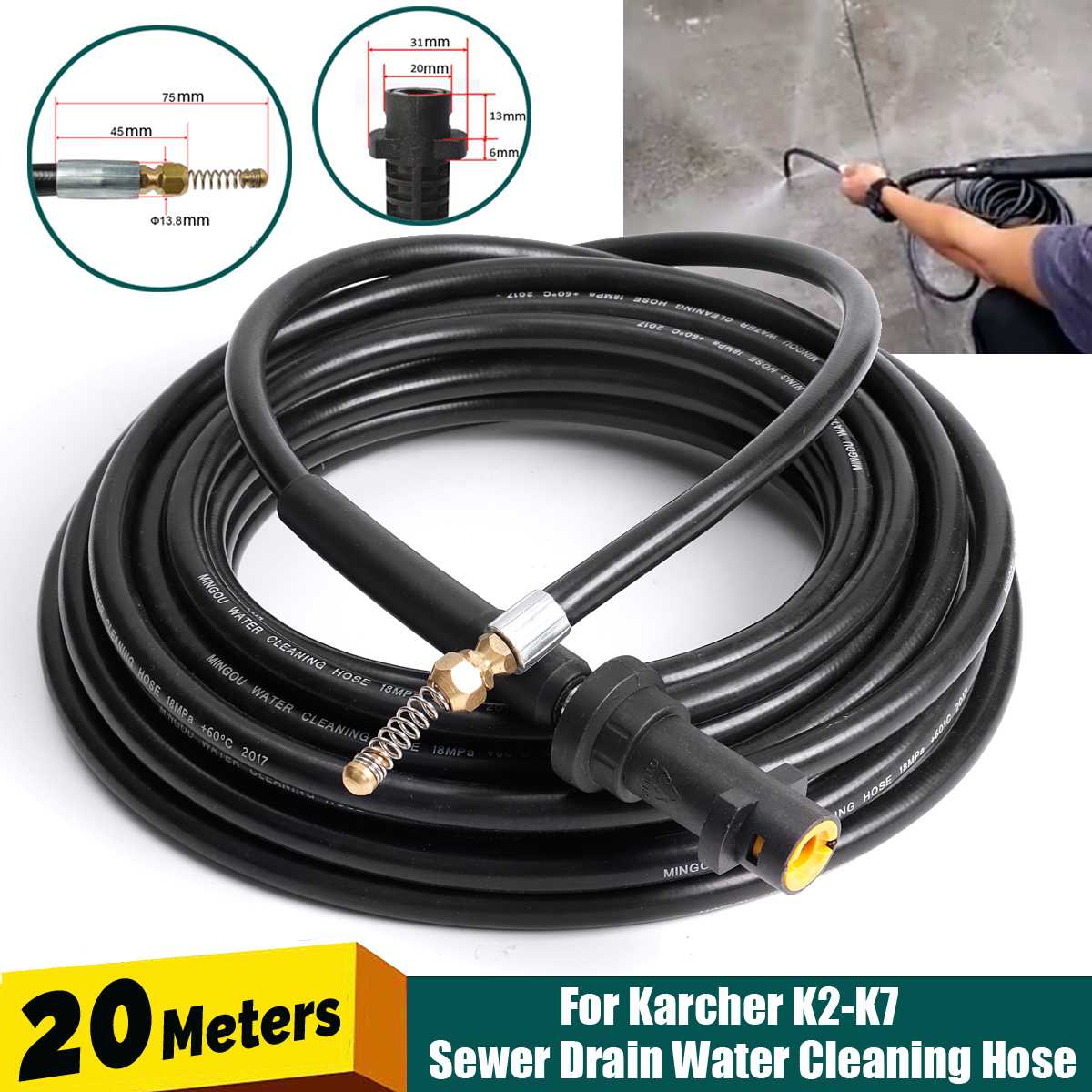 6m-20m Pressure Washer Sewer Drain Water Cleaning Hose 1/4 Inch Quick Release Pipe Cleaner Sewage Pipeline for Karcher K Series: Red