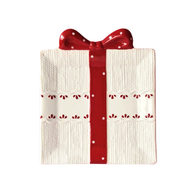 Nordic rectangular Christmas ceramic flat plate kitchen tableware embossed shallow plate western steak plate: L 25.5x28.7x3.3cm