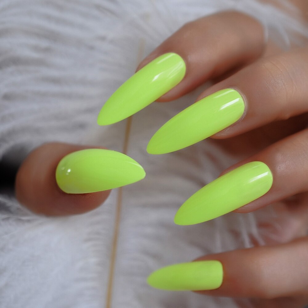 extra Lange Neon- Grün Gefälschte NäGel Super Stilett Gebogene Drücken Sie Auf FingernäGel UV Gel Polnischen Startseite Glossry Sommer Nagel Tipps 24