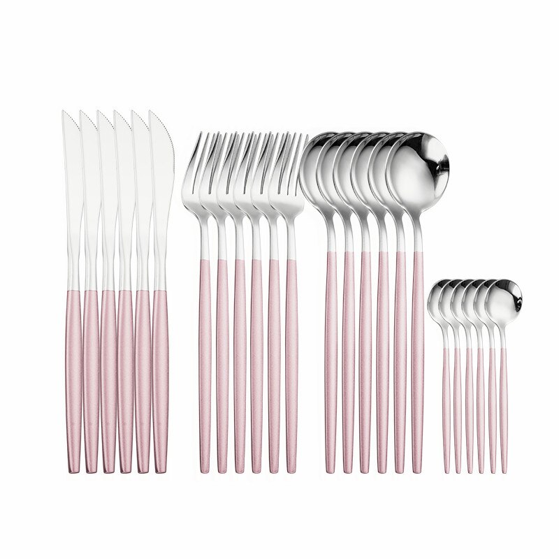 Gold Cutlery Tableware 24 Piece Knife Fork Spoon Set Polishing Flatware Forks Spoon Set Stainless Steel Cutlery Dinnerware Sets: pink silver 6sets