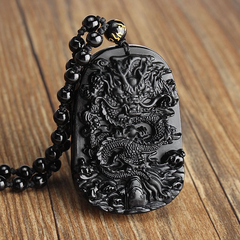 Unique Natural Obsidian Stone Carved Chinese Dragon Pendant With Beads Necklace Men Luck Jewelry Gemstone Fengshui Crafts