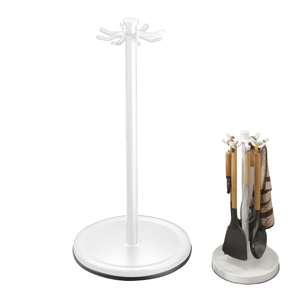 Kitchen Utensil Stand Rotating Kitchen Utensil Storage Hanger For Countertop Rotatable Cooking Utensils Holder With 8 Hooks: WHITE