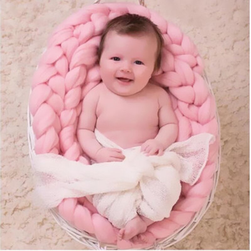 Håndstrikket uld hæklet baby tæppe fotografering rekvisitter chunky strik solid baby seng tæpper kurv klapvogn
