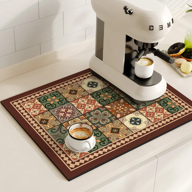 VIKAMA Kitchen Diatom Mud Mat Retro Coffee Machine Mat Waterproof Dish Drying Mats Quick Dry Drain Pad Draining Placemat