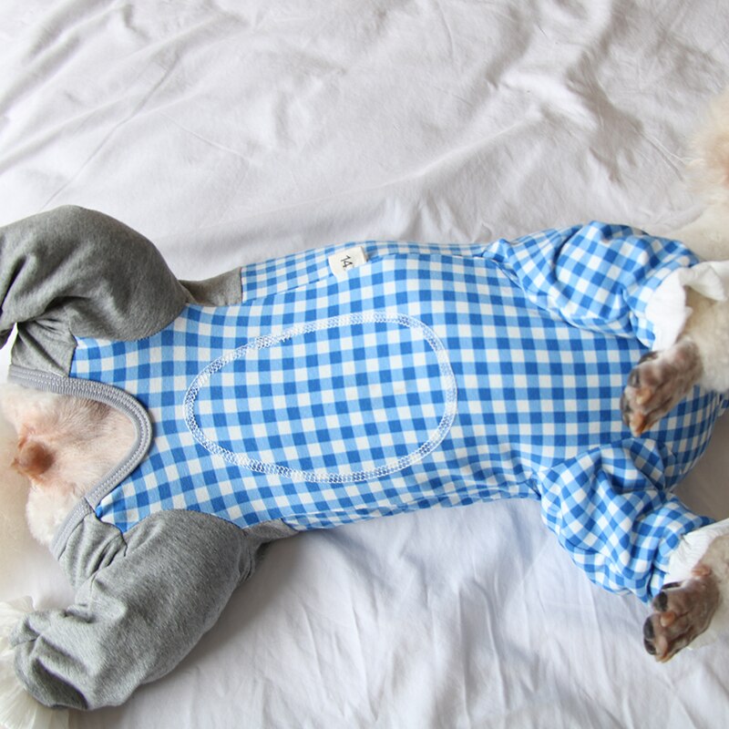 Mono fino de algodón puro para perro, ropa para cachorro, mono a cuadros azules, pijamas para proteger el vientre, para perros pequeños, Chihuahua, caniche