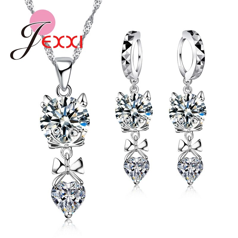 Mignon dessin animé chat CZ cristal collier pendentif goutte boucles d'oreilles à la 925 en argent Sterling amour coeur femmes bijoux ensembles