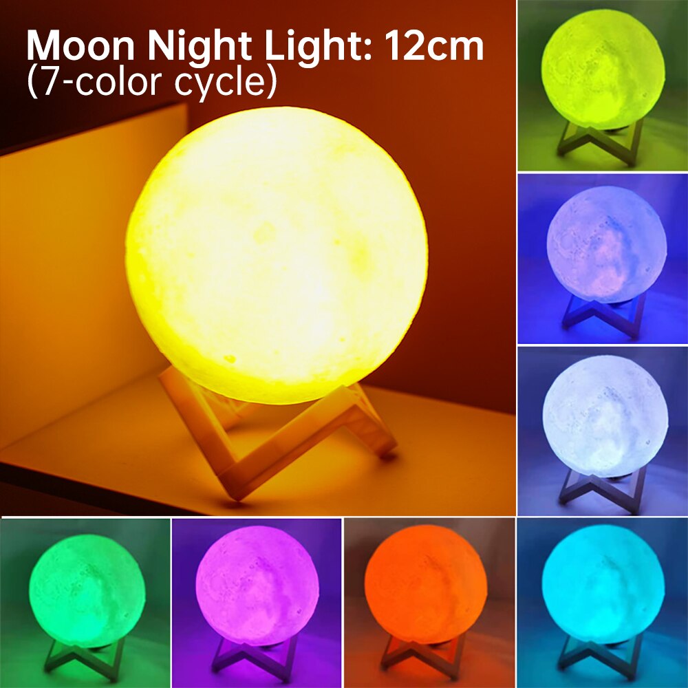 Led natlys 3d print månelampe 8cm/12cm batteridrevet med stativ stjerneklar lampe 7 farver soveværelse indretning natlys børn: 7 farve 12cm