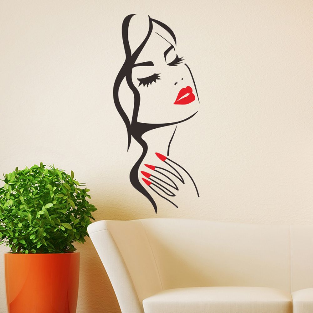 Schoonheidssalon Muurstickers Hand Manicure Nail Salon Mooie Meisje Gezicht Muurtattoo Art Posters Woonkamer Home Decoratie: red