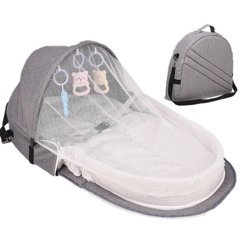 Foldable Portable Bassinet Breathable Mosquito Net Travel Sun Protection Infant Sleeping Basket With Toys: Gray