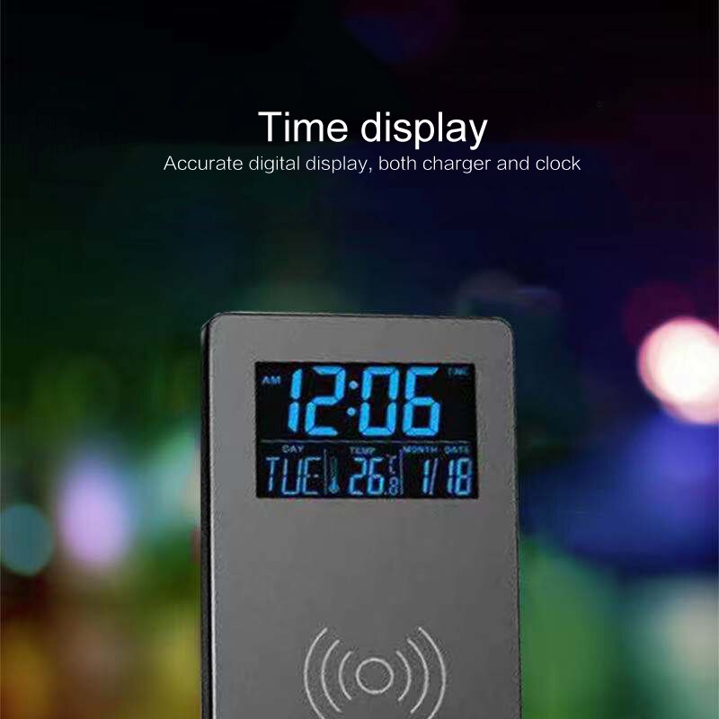 Carregador sem fio desktop suporte almofada para samsung qi carregamento rápido para iphone 11 com despertador digital temperatura do tempo 3-em-1