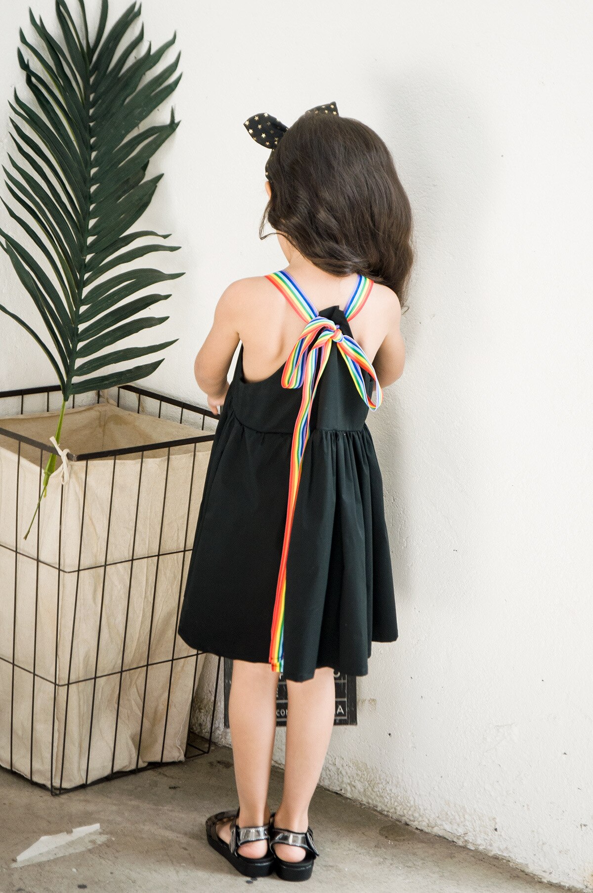 Children Clothing Girls Rainbow Strap Simply Black Cotton Dress Lovely Casual Kids Summer Dress