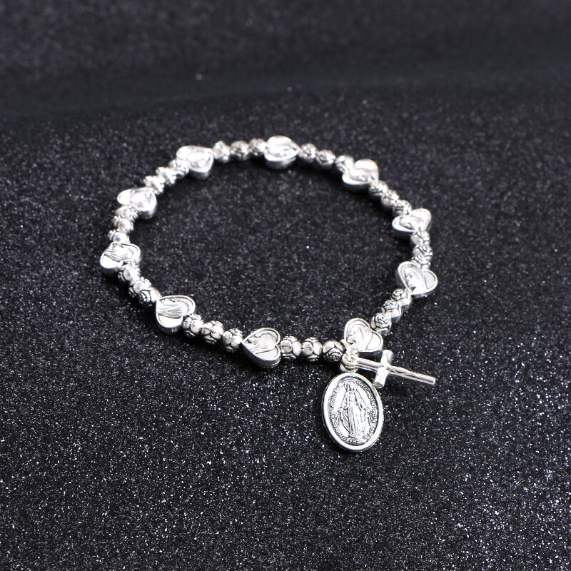 KOMi Religious Catholic Metal Sliver Beaded Bracelets Men Women Orthodox Christ Juses Cross Virgin Mary Pendant Bracelets R-323