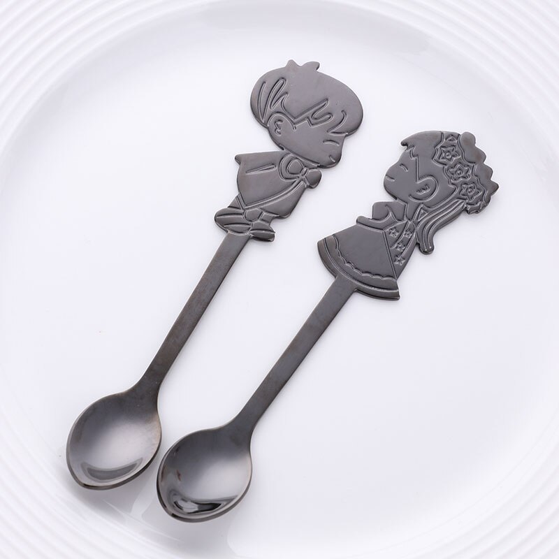 Cucharas de café románticas para pareja, cucharillas de té de colores, cubertería pequeña plateada, cuchara de postre de pastel dorado para I &amp; U, 2 uds.: Black 1 set