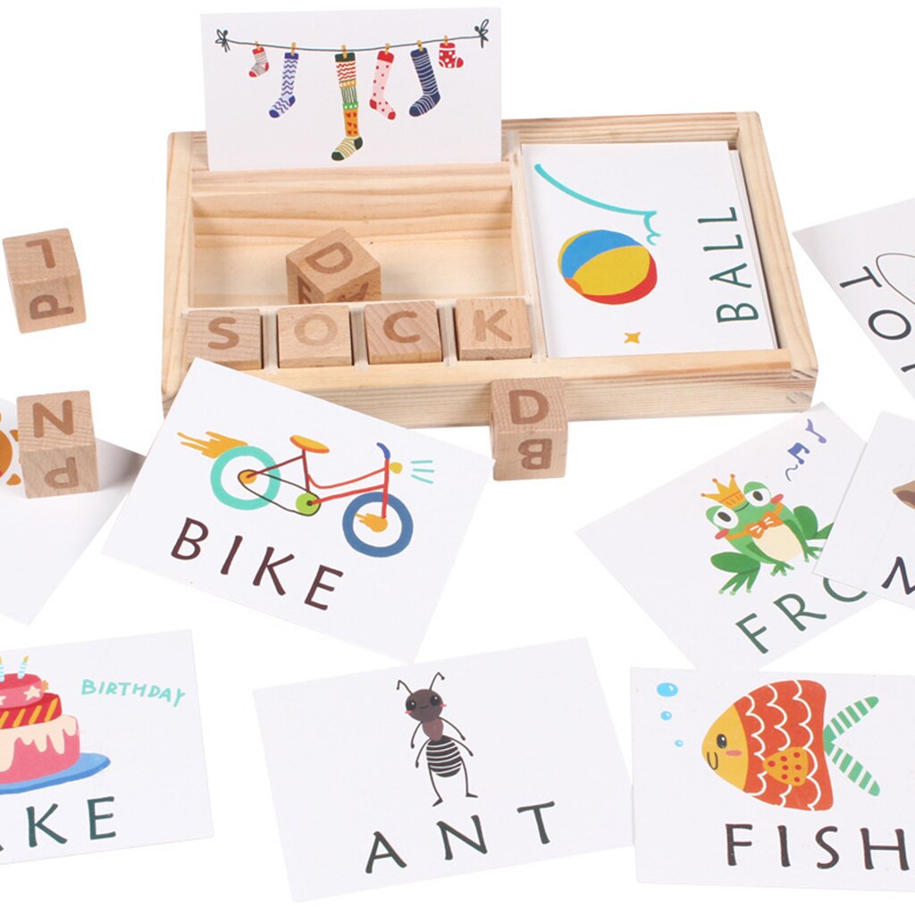 Multi-play Wooden Alphabet Cubes English Words Paper Cards jigsaw Puzzle Kids Early Learning Educational Toy