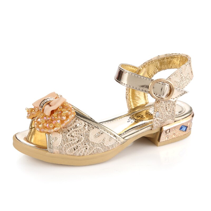 Sandalias con lazo para niñas, zapatos de princesa con diamantes de imitación, color rosa y dorado, de verano, talla 27-36: Oro / 12.5
