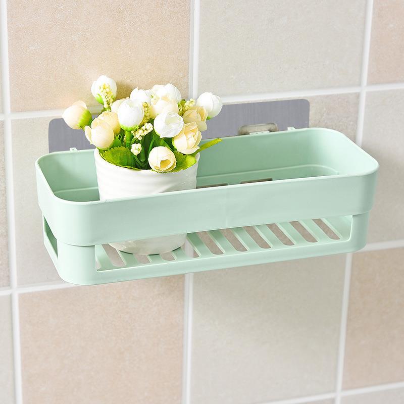 Bathroom Shower Shelf Rectangular Basket Plastic Suction Cup Storage Rack Shampoo Holder Household Kitchen Organizer Punch Free: Green