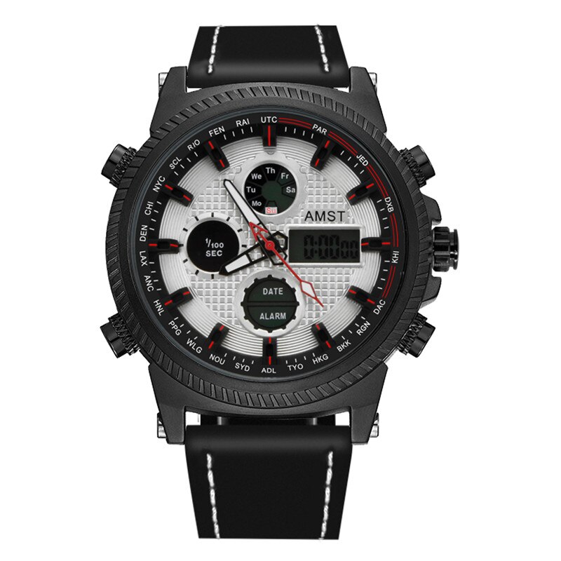 Relojes militares AMST de 50M, Relojes LED con correa de cuero resistente al agua, relojes de cuarzo de lujo de la mejor para hombre, reloj Masculino: black white face