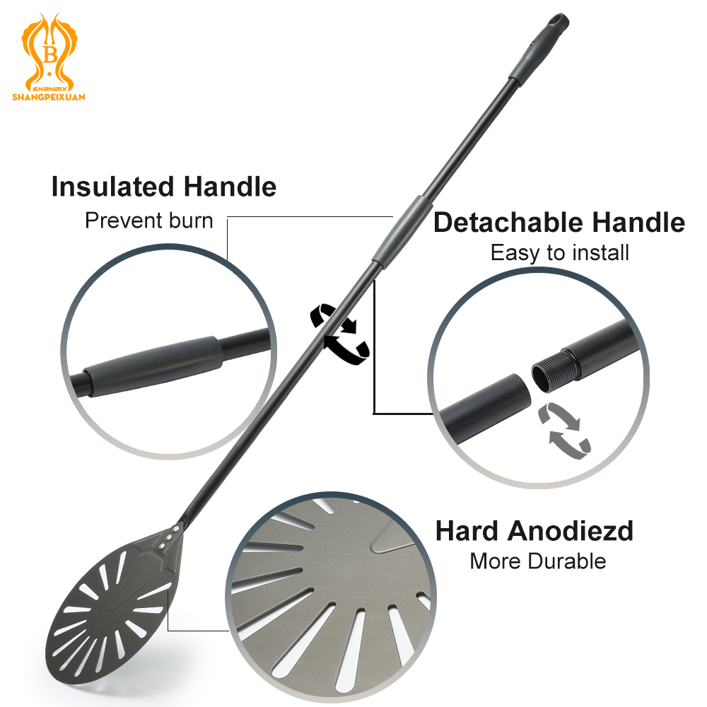 SHANGPEIXUAN 12" Hard Anodized Pizza Peel with Pizza Turning Shovel Set Perforated Rectangle Aluminum Pizza Peel Silicone Handle