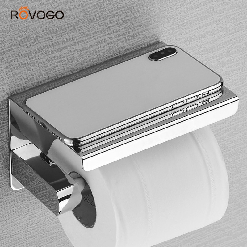 ROVOGO — Support pour rouleau de papier hygiénique en acier inoxydable, matériel SUS304, porte-papier avec une étagère qui permet de poser un téléphone portable, pour la salle de bain