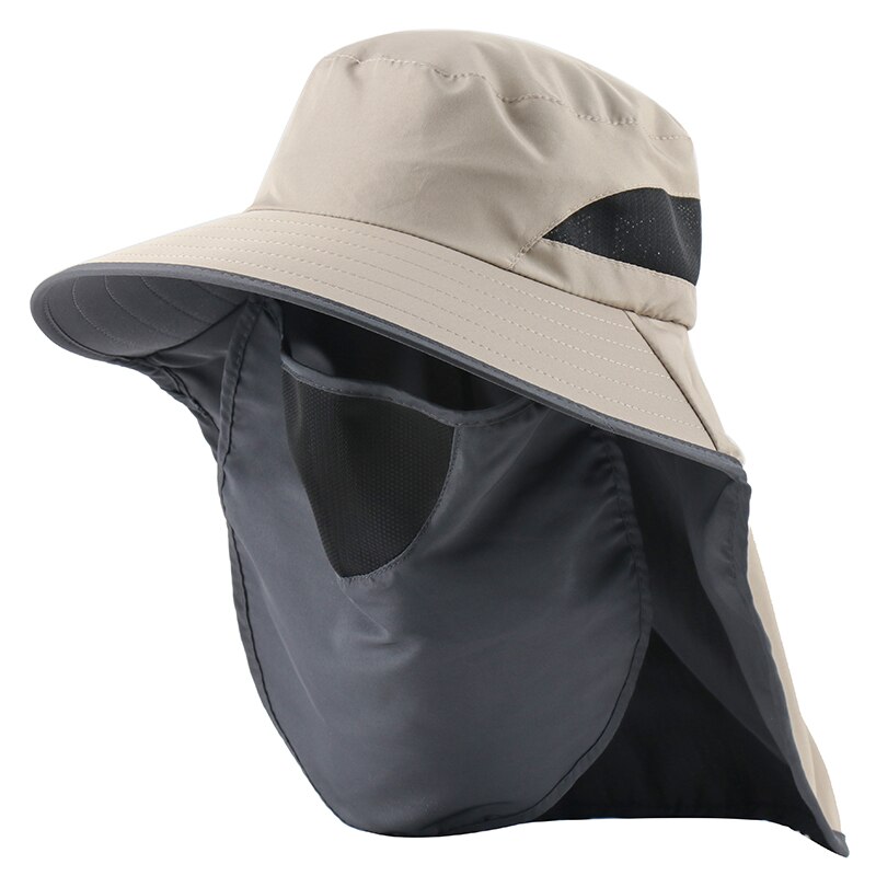 CAMOLAND 2 in 1 Summer UPF 50+ Sun Hats Male Outdoor Breathable Hiking Fishing Caps With Neck Flap UV Protection Bucket Hats: Beige