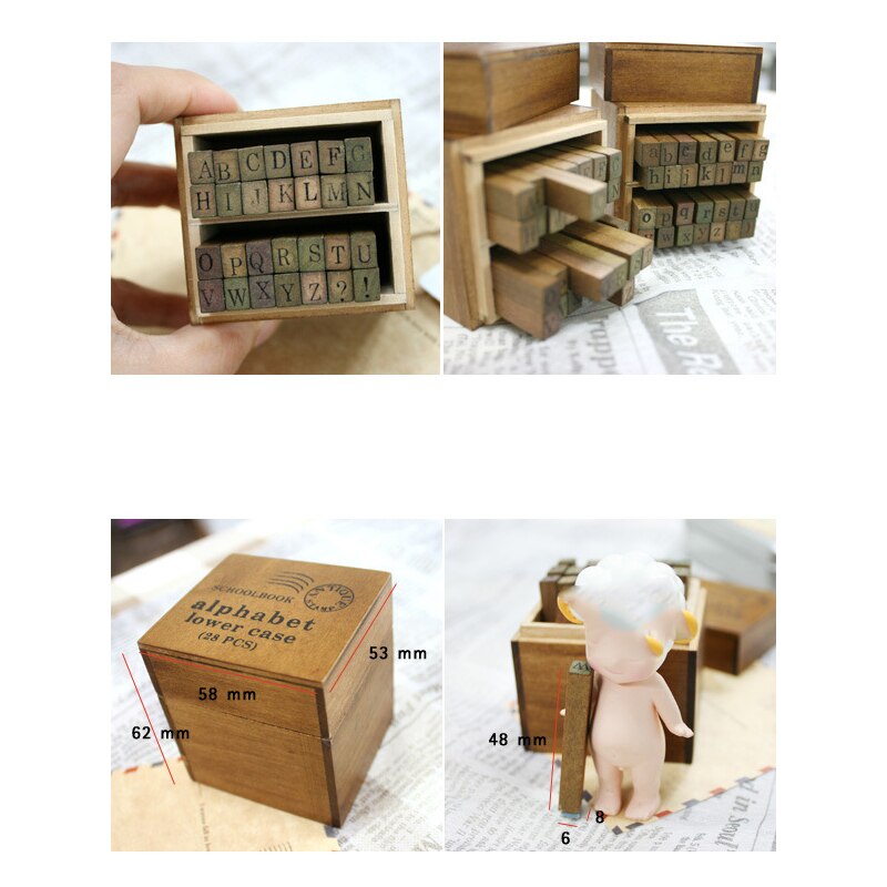 Alphabet Stamp Box Lower Case or Upper Case Letter Hand Writing Stamp Antique Wooden Rubber Stamp with Case 28 Characters