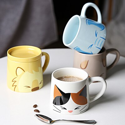 Cartoon grappige schattige keramische koffie thee kopje met deksel lepel mok koffie melk mok kind ontbijt student havermout kopje