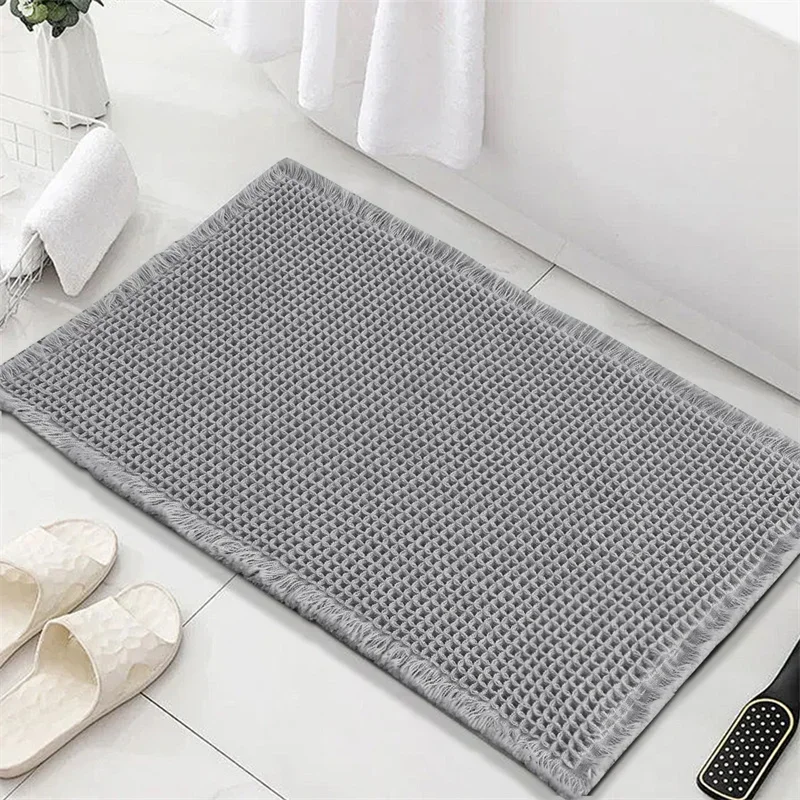 Waffle Non-Slip Bath Mat Bathroom Super Absorbent Carpet Non-Slip Shower Rugs with Tassels Bathtub Beside Rug Entrance Doormat: Yellow / 400MMx600MM