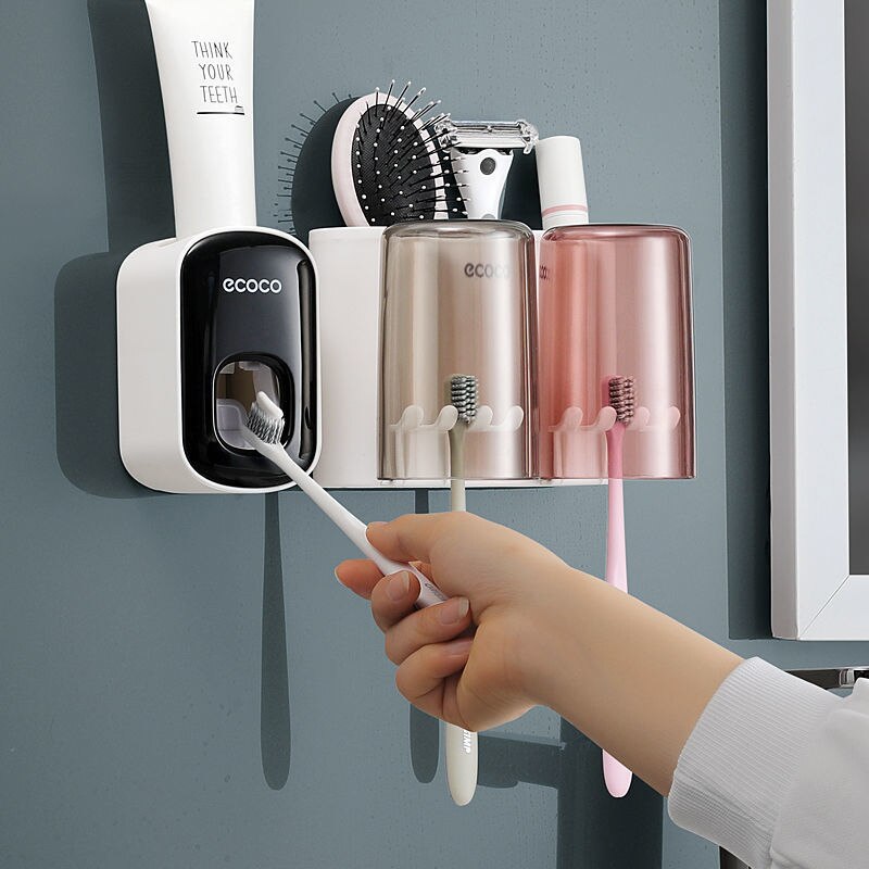 ECOCO – distributeur automatique de dentifrice à pression, accessoires de salle de bains, poinçon gratuit, ensemble de porte-brosse à dents, support de rangement mural: Figure 2