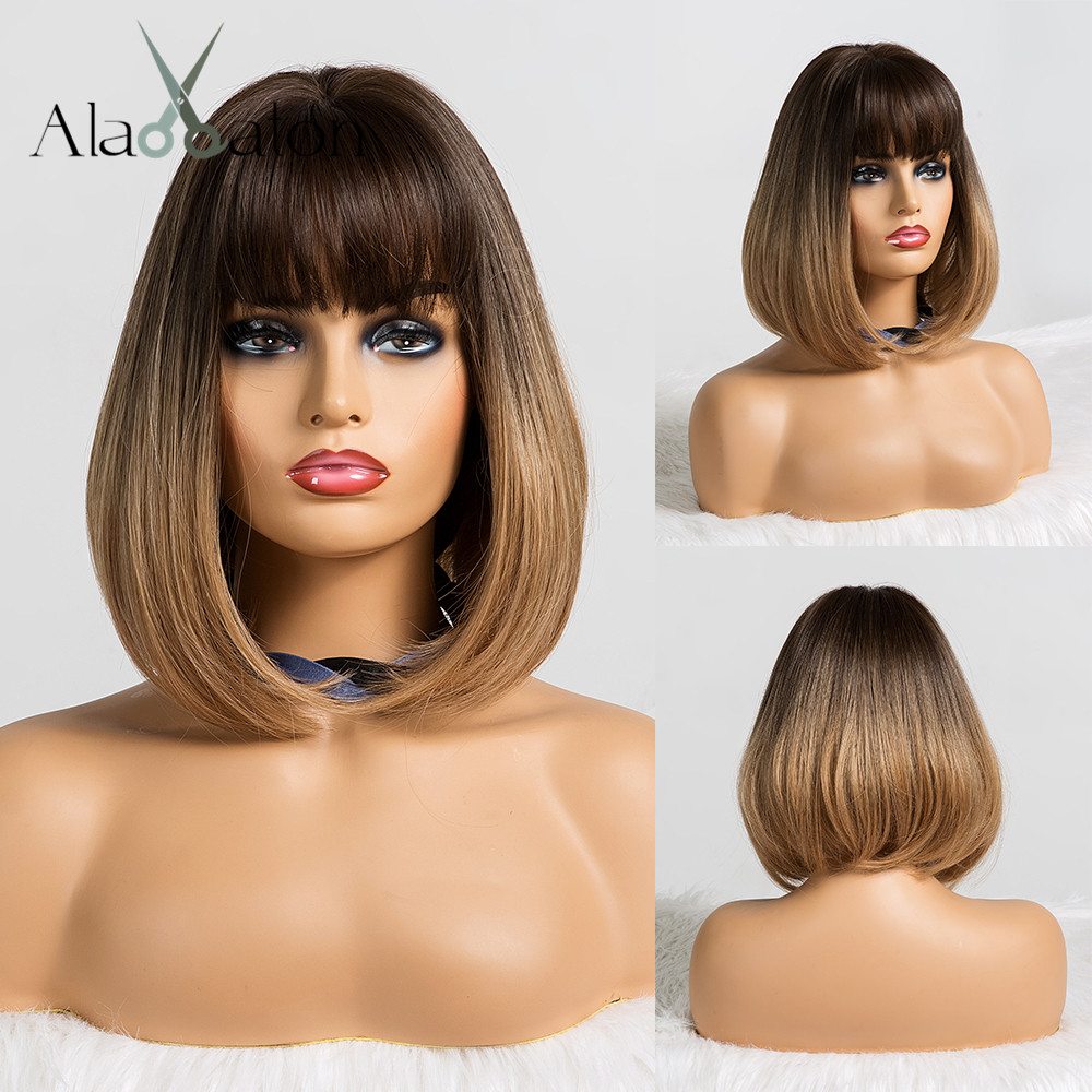 ALAN EATON Short Straight Ombre Black Brown Synthetic Wigs with Bangs for Women Bob Wig Heat Resistant Lolita Cosplay wig 12inc