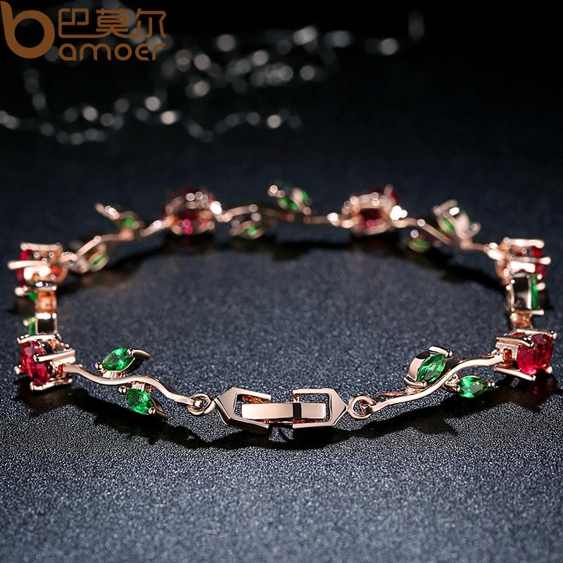 BAMOER Rose Gold Color Leaf Chain & Link Bracelet with Red + Green AAA Zircon for Mother Jewelry JIB072