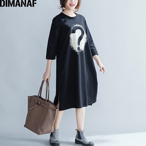Dimanaf plus size höst kvinnor klänningar dam casual vestidos bomull tjocka tryck kvinnliga kläder lös grundläggande svart klänning: Xl