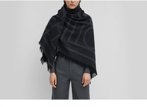 Ylle halsduk kvinnor jacquard halsduk vinter tjock kashmir sjal ins kändis geometrisk ull halsduk lyx: Mörkgrå färgfläck