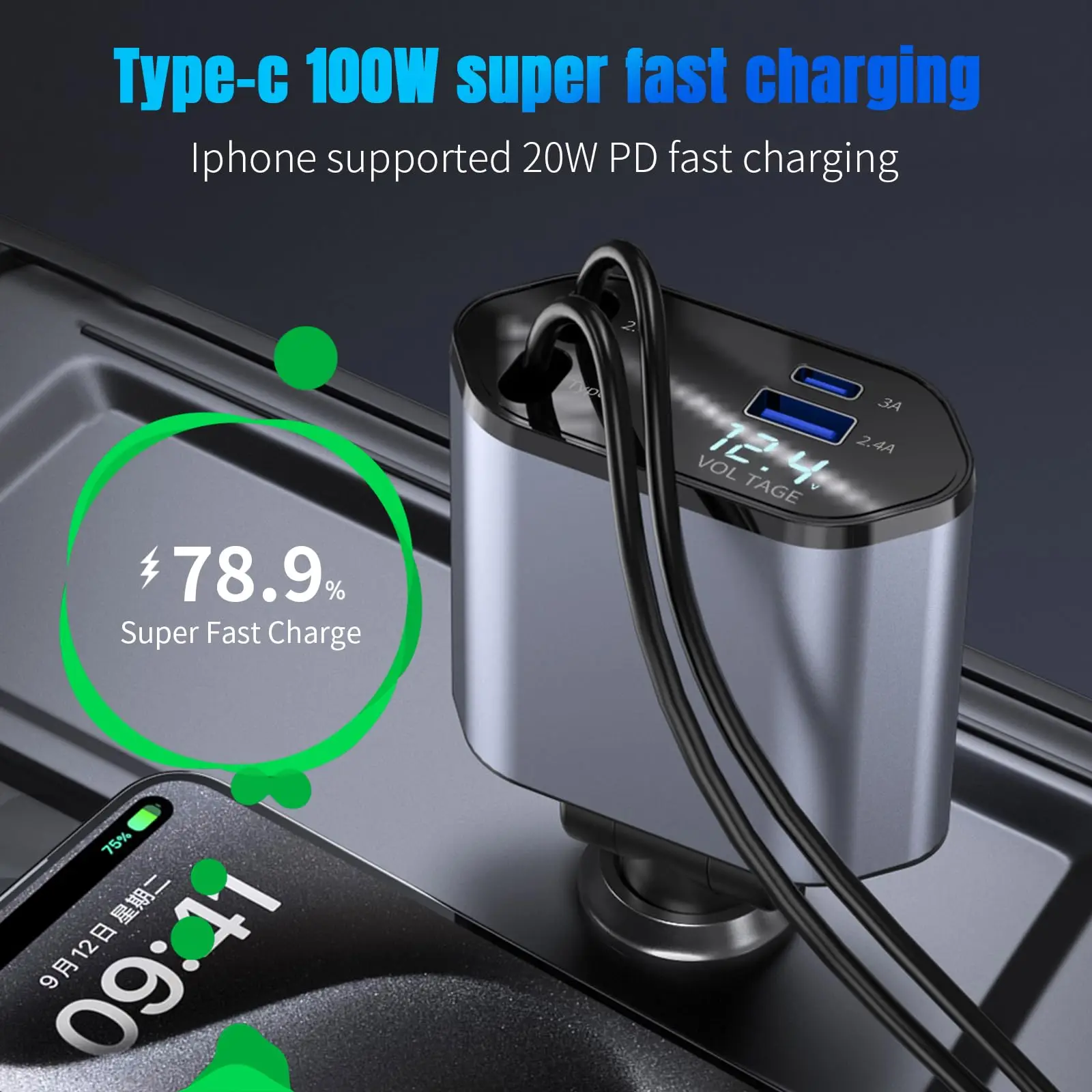 Intrekbare Autolader, 4 In 1 Snelle Autolader Met Snoer 2,6 Ft, Intrekbare Kabel En 2 Usb-Poorten Autolader Aanpassen