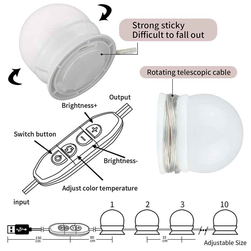 Usb-aangedreven dimbare hollywood led-make-upspiegel met 10w lampen, led-verlichting voor de kaptafel, 3 kleurstanden, l