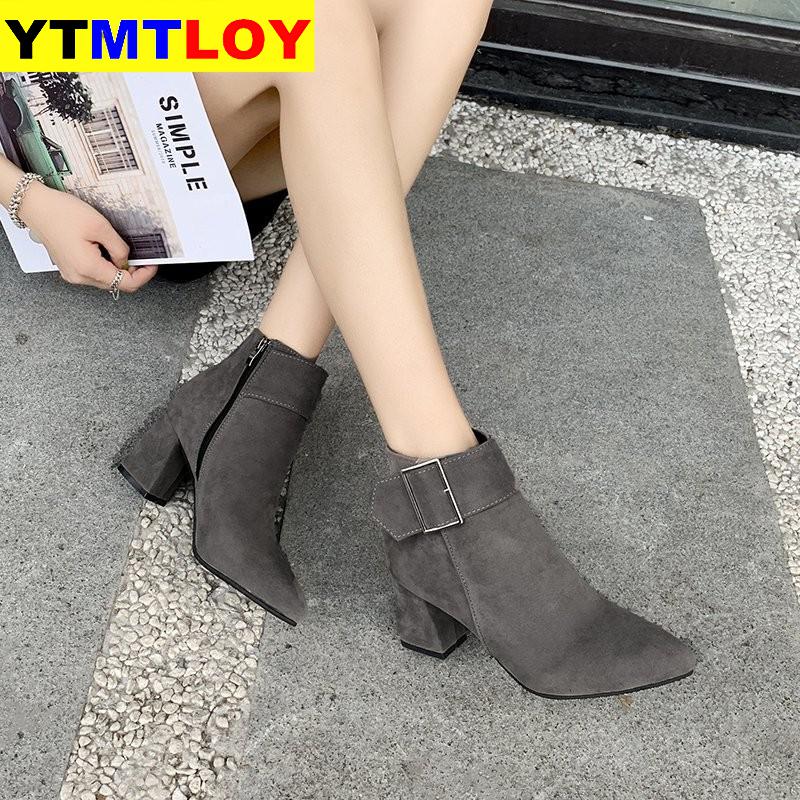 Winter Schoenen Gesp Enkellaarsjes Vrouw Sneeuw Schoenen Faux Suede Booties Wees Teen Blote Laarzen Chunky Hakken Maat 35-40