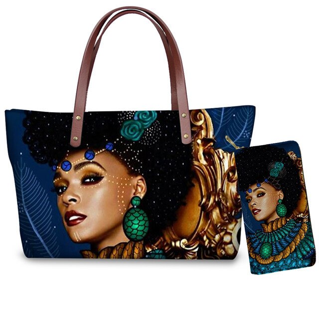 Custom mode 2pcs/set Women Handbags Black Art African Girl Printing Hand Bag&Wallets Ladies Ethnic Top-Handle Bags Females Bolsa: style6