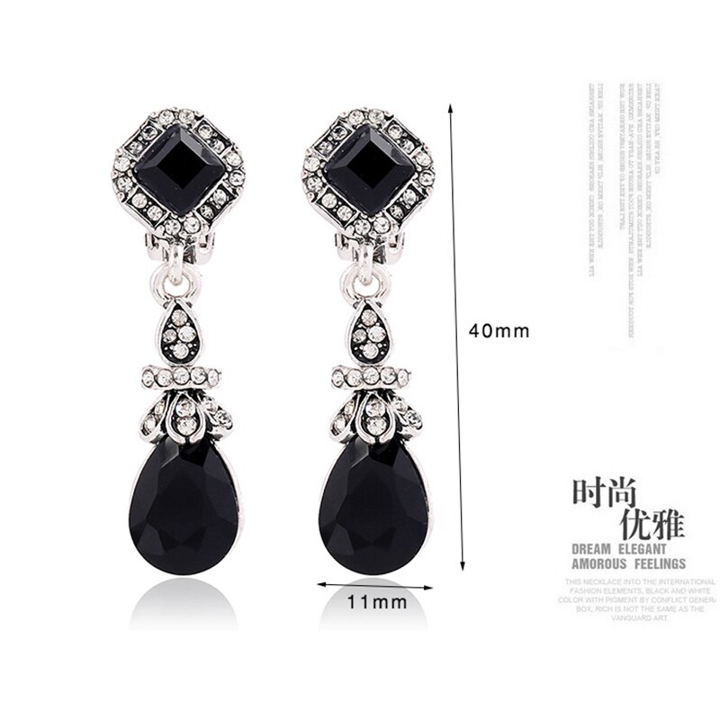 Black WaterDrop Clip Earrings Without Piercing Long for Women Resin Rhinestone Vintage Bohemia Style Clip On Earrings