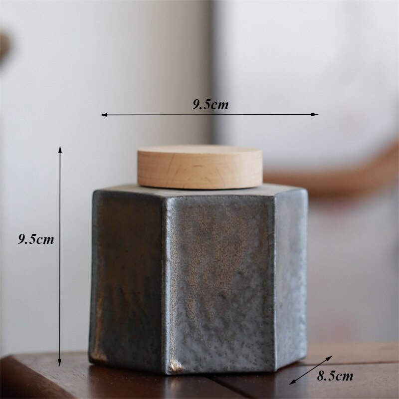 Ceramic Handmade Tea Caddy Coarse Pottery Geometric Sealed Storage Jar with Wood Cover Food Container Tea Ceremony: A