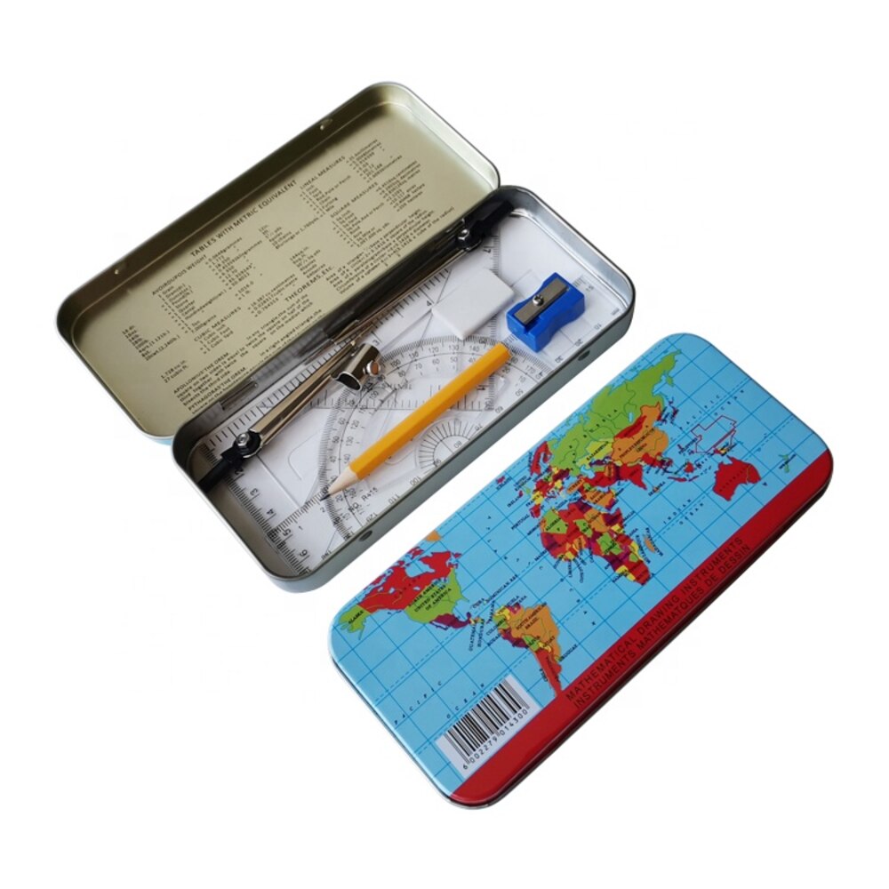 School Stationary Mathematical Math Set in Metal Box for Drafting