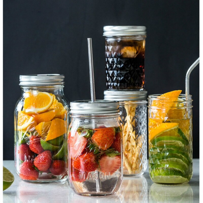 Mason Jar Glass Bottle with Lid Coffee Mug Fruit Saland Juice Sauce Camera Food Storage Container Sealed Tank Props Light Bottle