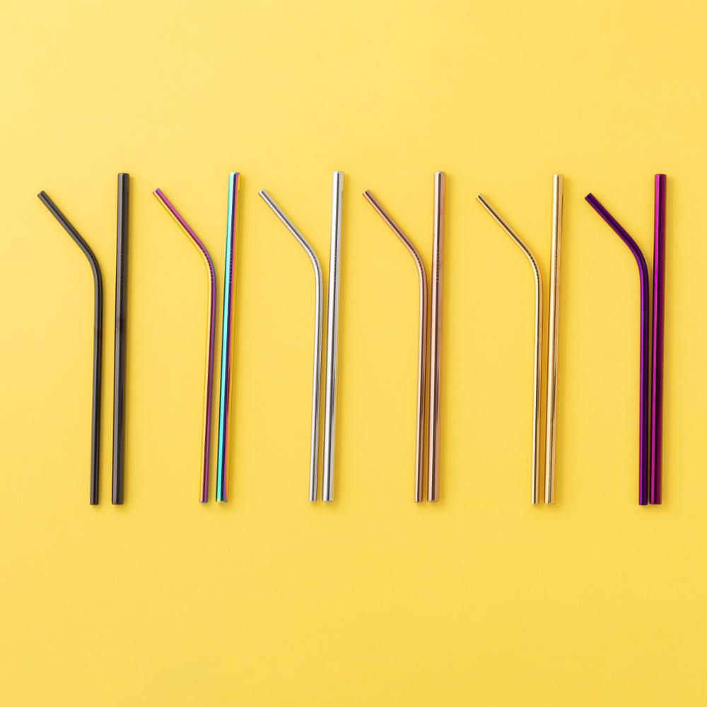 SKLUM- Pack de 6 pajitas Kürv Metalizadas múltiples colores acero inoxidable con acabado brillante reutilizables incluye cepillo de limpieza